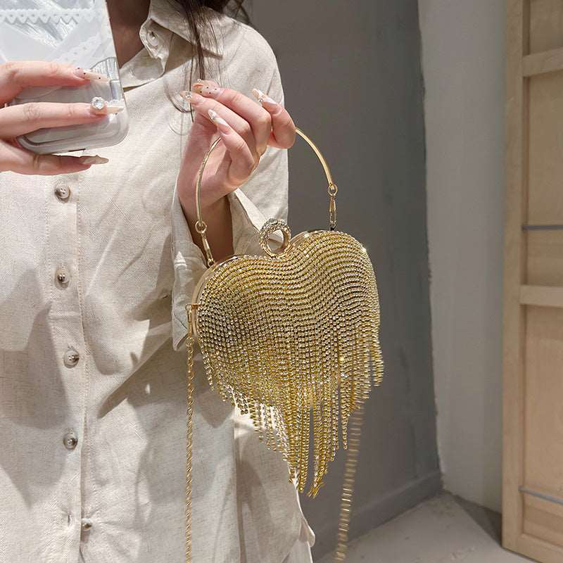 Gold Tote Rhinestone Heart Tassel Bag