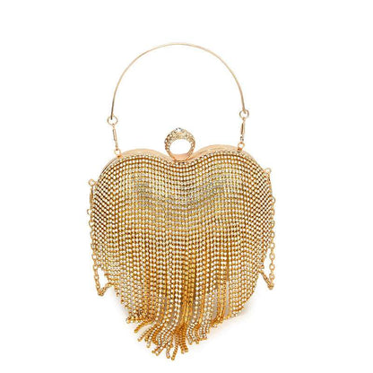 Gold Tote Rhinestone Heart Tassel Bag